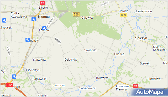 mapa Swoboda gmina Niemce, Swoboda gmina Niemce na mapie Targeo