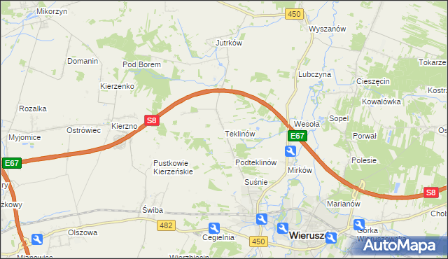 mapa Teklinów gmina Wieruszów, Teklinów gmina Wieruszów na mapie Targeo