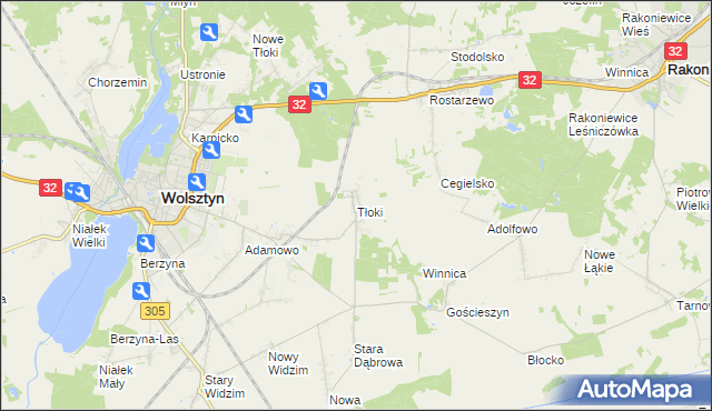 mapa Tłoki gmina Wolsztyn, Tłoki gmina Wolsztyn na mapie Targeo