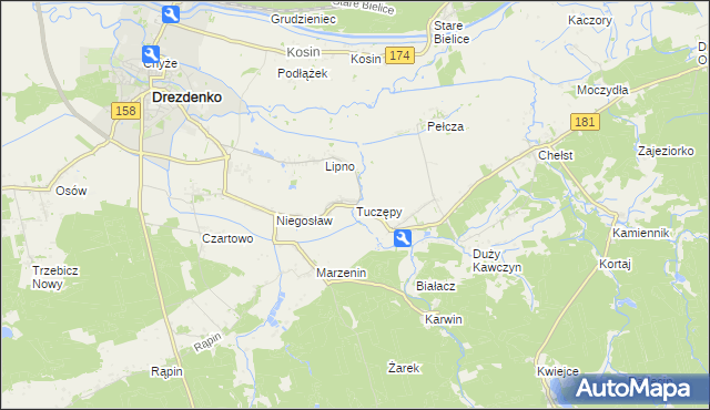 mapa Tuczępy gmina Drezdenko, Tuczępy gmina Drezdenko na mapie Targeo