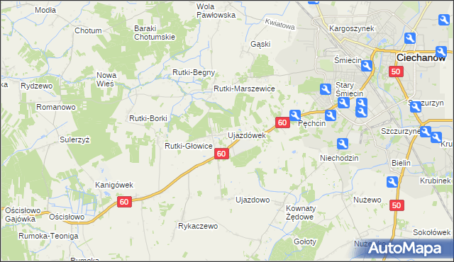 mapa Ujazdówek gmina Ciechanów, Ujazdówek gmina Ciechanów na mapie Targeo