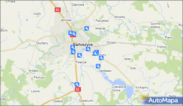 mapa Wawrzyny gmina Bartoszyce, Wawrzyny gmina Bartoszyce na mapie Targeo