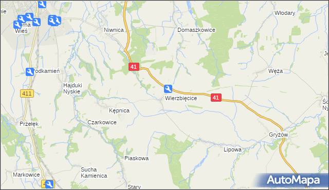 mapa Wierzbięcice gmina Nysa, Wierzbięcice gmina Nysa na mapie Targeo