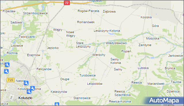 mapa Wierzchy gmina Koluszki, Wierzchy gmina Koluszki na mapie Targeo