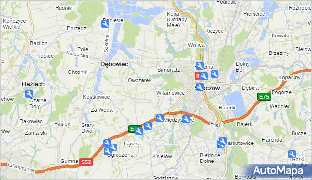 mapa Wilamowice gmina Skoczów, Wilamowice gmina Skoczów na mapie Targeo