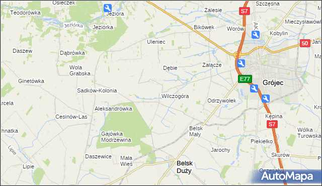 mapa Wilczogóra gmina Belsk Duży, Wilczogóra gmina Belsk Duży na mapie Targeo