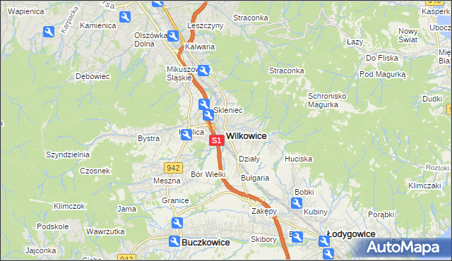 mapa Wilkowice powiat bielski, Wilkowice powiat bielski na mapie Targeo