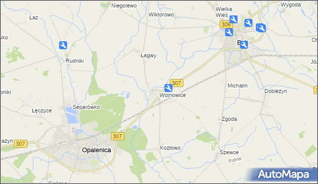 mapa Wojnowice gmina Opalenica, Wojnowice gmina Opalenica na mapie Targeo