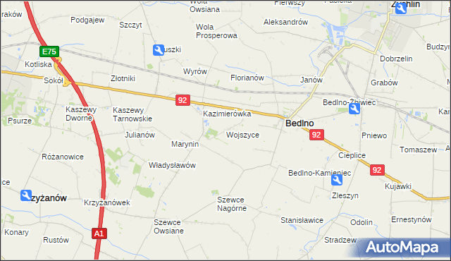 mapa Wojszyce gmina Bedlno, Wojszyce gmina Bedlno na mapie Targeo
