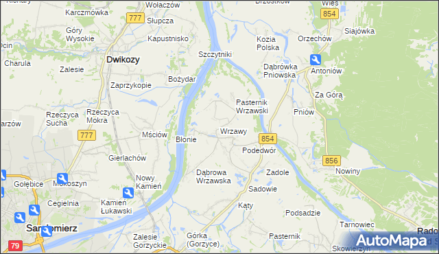 mapa Wrzawy gmina Gorzyce, Wrzawy gmina Gorzyce na mapie Targeo