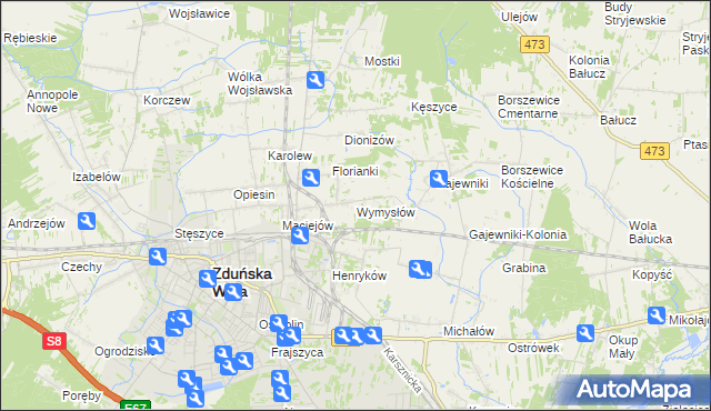 mapa Wymysłów gmina Zduńska Wola, Wymysłów gmina Zduńska Wola na mapie Targeo
