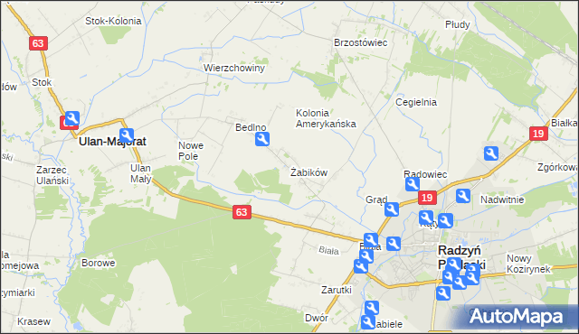 mapa Żabików gmina Radzyń Podlaski, Żabików gmina Radzyń Podlaski na mapie Targeo
