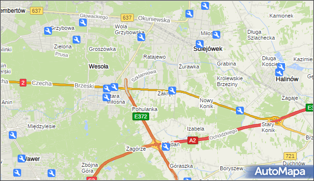 mapa Zakręt gmina Wiązowna, Zakręt gmina Wiązowna na mapie Targeo
