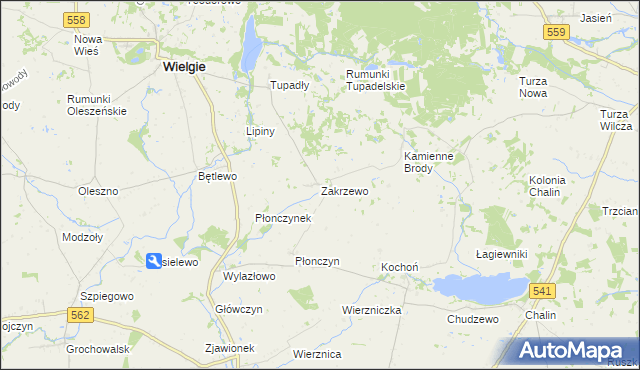 mapa Zakrzewo gmina Wielgie, Zakrzewo gmina Wielgie na mapie Targeo