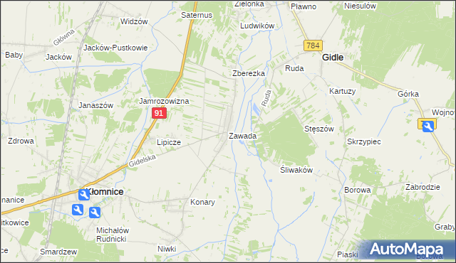 mapa Zawada gmina Kłomnice, Zawada gmina Kłomnice na mapie Targeo