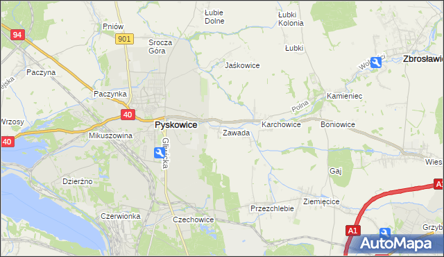 mapa Zawada gmina Zbrosławice, Zawada gmina Zbrosławice na mapie Targeo