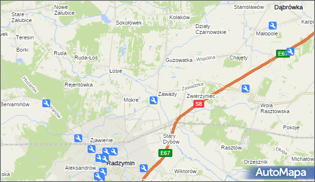 mapa Zawady gmina Radzymin, Zawady gmina Radzymin na mapie Targeo