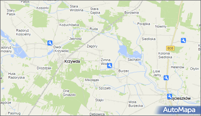 mapa Zimna Woda gmina Krzywda, Zimna Woda gmina Krzywda na mapie Targeo