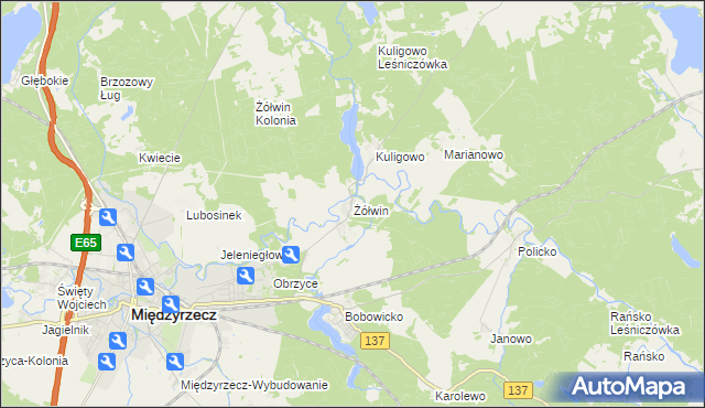 mapa Żółwin gmina Międzyrzecz, Żółwin gmina Międzyrzecz na mapie Targeo