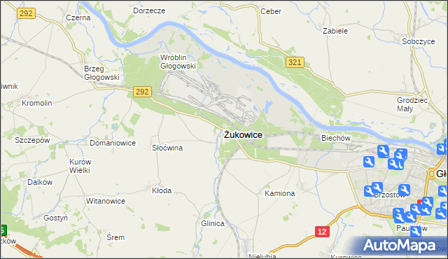 mapa Żukowice powiat głogowski, Żukowice powiat głogowski na mapie Targeo