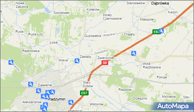 mapa Zwierzyniec gmina Radzymin, Zwierzyniec gmina Radzymin na mapie Targeo