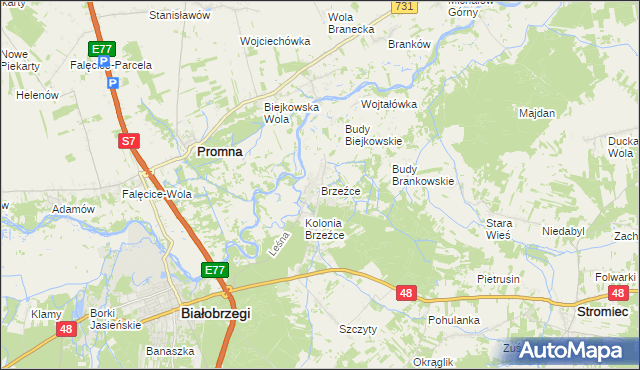 mapa Brzeźce gmina Białobrzegi, Brzeźce gmina Białobrzegi na mapie Targeo