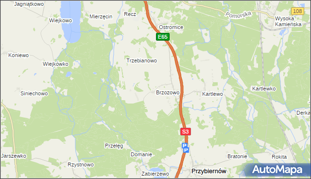 mapa Brzozowo gmina Przybiernów, Brzozowo gmina Przybiernów na mapie Targeo