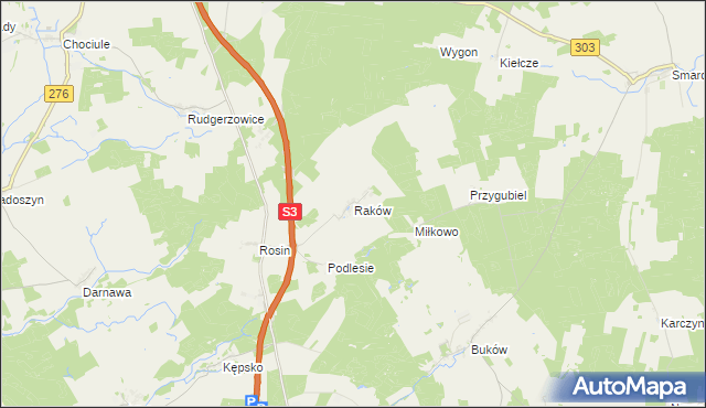 mapa Raków gmina Świebodzin, Raków gmina Świebodzin na mapie Targeo