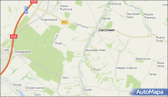 mapa Zakrzówek-Wieś gmina Zakrzówek, Zakrzówek-Wieś gmina Zakrzówek na mapie Targeo