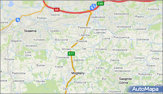 mapa Gaj gmina Mogilany, Gaj gmina Mogilany na mapie Targeo