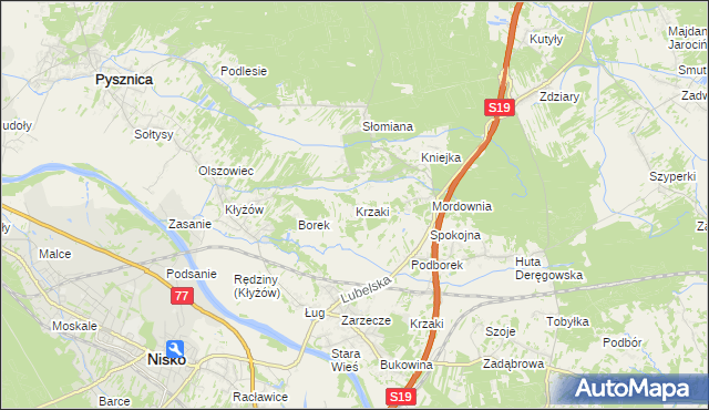 mapa Krzaki gmina Pysznica, Krzaki gmina Pysznica na mapie Targeo