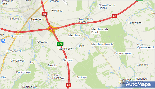 mapa Lipka gmina Stryków, Lipka gmina Stryków na mapie Targeo