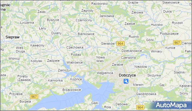 mapa Nowa Wieś gmina Dobczyce, Nowa Wieś gmina Dobczyce na mapie Targeo