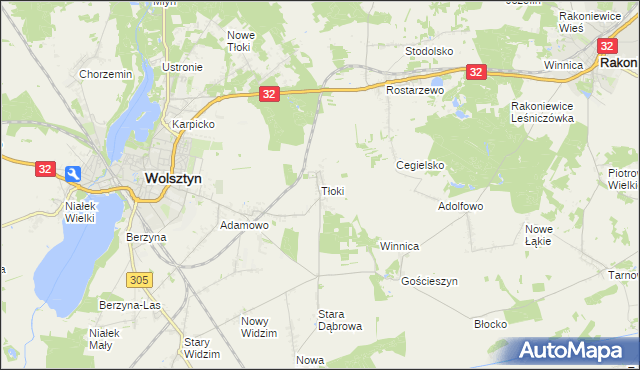 mapa Tłoki gmina Wolsztyn, Tłoki gmina Wolsztyn na mapie Targeo