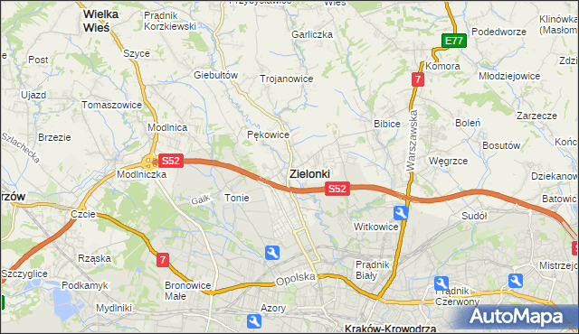 mapa Zielonki powiat krakowski, Zielonki powiat krakowski na mapie Targeo