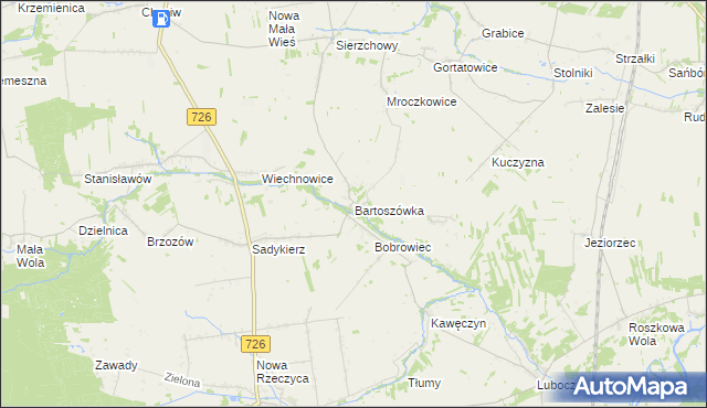 mapa Bartoszówka gmina Rzeczyca, Bartoszówka gmina Rzeczyca na mapie Targeo