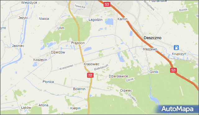 mapa Białobłocie gmina Deszczno, Białobłocie gmina Deszczno na mapie Targeo