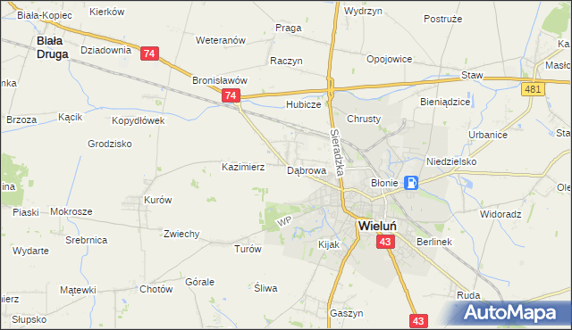 mapa Dąbrowa gmina Wieluń, Dąbrowa gmina Wieluń na mapie Targeo
