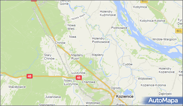 mapa Majdany gmina Kozienice, Majdany gmina Kozienice na mapie Targeo
