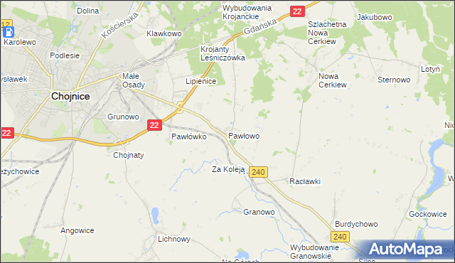 mapa Pawłowo gmina Chojnice, Pawłowo gmina Chojnice na mapie Targeo