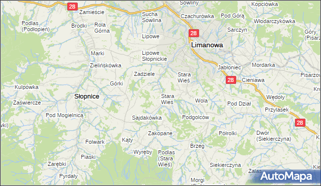 mapa Stara Wieś gmina Limanowa, Stara Wieś gmina Limanowa na mapie Targeo