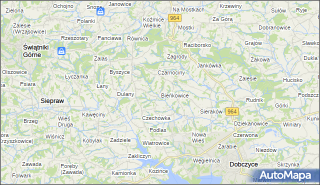 mapa Bieńkowice gmina Dobczyce, Bieńkowice gmina Dobczyce na mapie Targeo