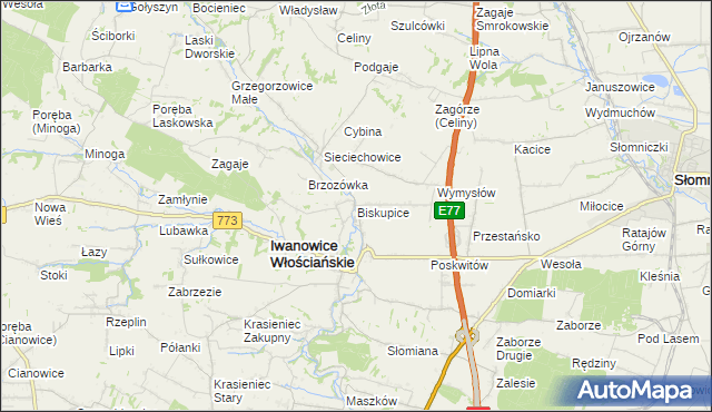 mapa Biskupice gmina Iwanowice, Biskupice gmina Iwanowice na mapie Targeo