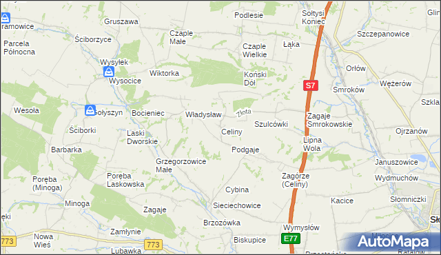 mapa Celiny gmina Iwanowice, Celiny gmina Iwanowice na mapie Targeo