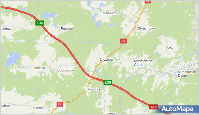 mapa Drozdów gmina Żary, Drozdów gmina Żary na mapie Targeo