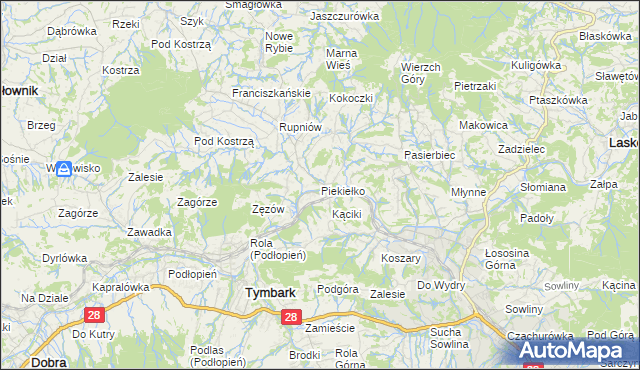 mapa Piekiełko gmina Tymbark, Piekiełko gmina Tymbark na mapie Targeo