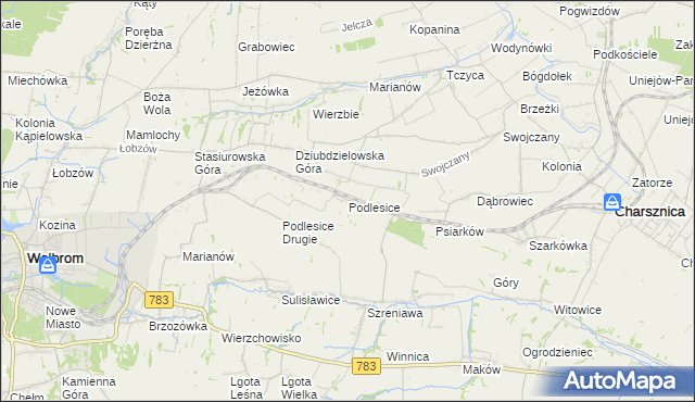 mapa Podlesice gmina Charsznica, Podlesice gmina Charsznica na mapie Targeo