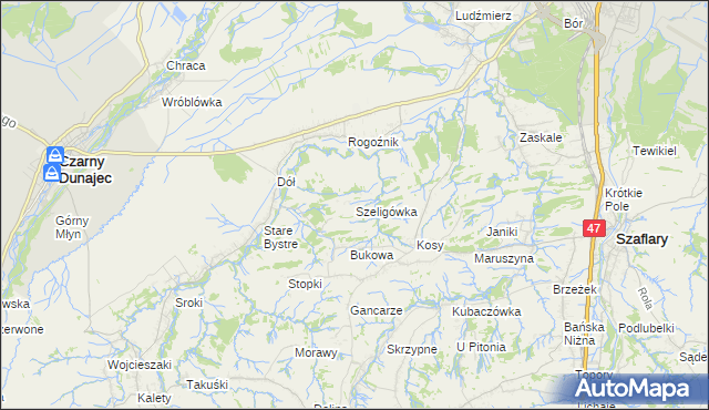 mapa Szeligówka gmina Czarny Dunajec, Szeligówka gmina Czarny Dunajec na mapie Targeo