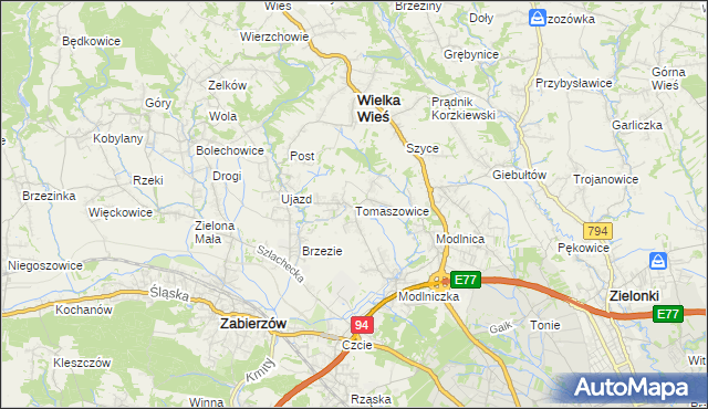 mapa Tomaszowice gmina Wielka Wieś, Tomaszowice gmina Wielka Wieś na mapie Targeo