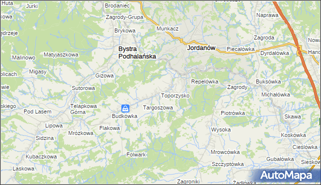 mapa Toporzysko gmina Jordanów, Toporzysko gmina Jordanów na mapie Targeo